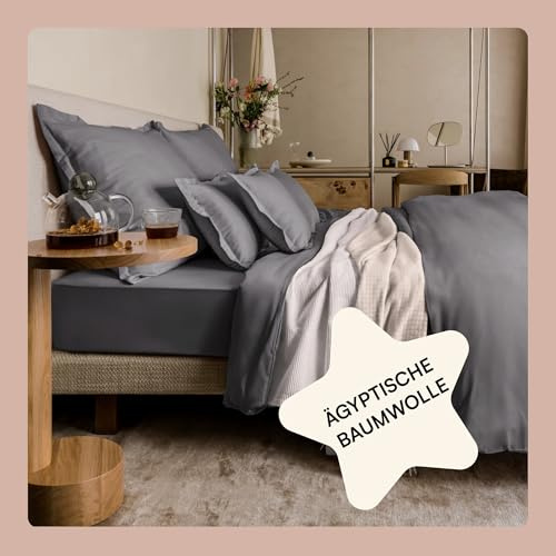 Amqua Bettwäsche 200x200 Satin | Kissenbezug 40x80 Dunkelgrau | Bettwäsche Satin 200x200| wie Bettwäsche Seide 200x200 | ägyptische Baumwolle Bettwäsche | Satin Bettwäsche Grau | Bettbezug 200x200