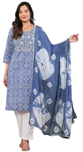 Vrnda Dam bomull indisk bandhej tryck rak kurta set okbroderi Kurti med byxa och Dupatta set klänning