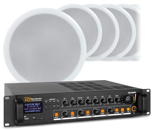 Power Dynamics PDV120 Set - Einbaulautsprecher Decke Bluetooth, Komplettes Lautsprecher System mit 4-Kanal Verstärker, Hi-Fi Speaker Systems für Büro, Gewerbe & Zuhause - Verstärker 4 Kanal mit Radio