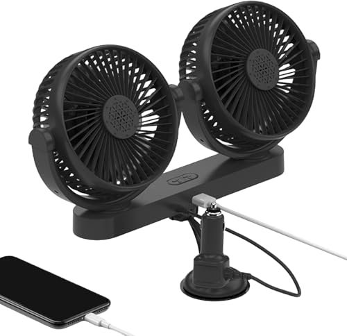Ventilador Portátil Para Coche,Ventilador USB Para Automóvil Refrescante | Accesorios Refrescantes Con Rotación 360°, 3 Velocidades Y Ventosa Compatible Con 12V/24V Para Caravanas, Camiones Y Furgonet