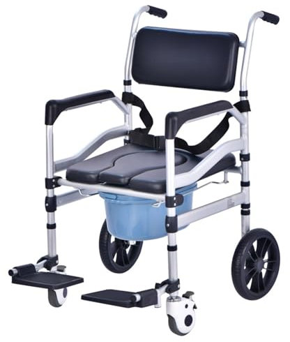 Chaise percée mobile pliable avec hauteur réglable et repose-pieds rabattable, fauteuil roulant de transport multifonctionnel pour personnes âgées et handicapées, idéal pour une utilisation de chevet