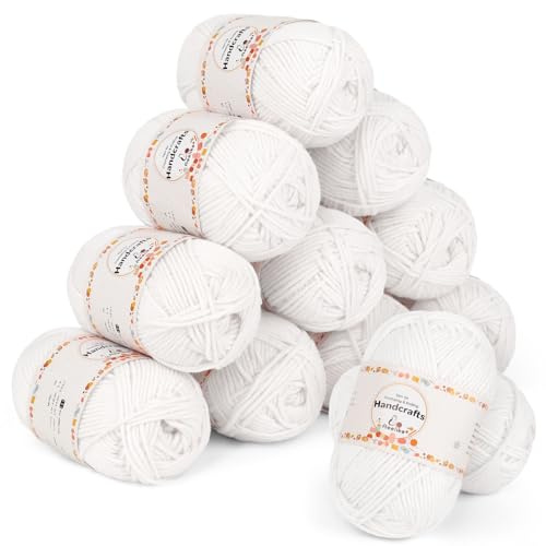 Aeelike Virkgarn Set 600 g, 12-pack Dubbelstickgarn, Akrylull 50 g, Mjukt 5-trådigt Mjölkbomullsgarn, Stickgarn för Börjare, Virkning, Amigurumi, Barnfilt, Strumpor, Sjal och Hantverk (Vit)