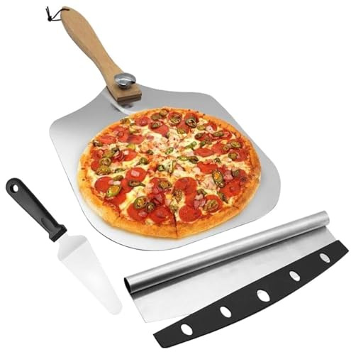 12 x 14 Inch Aluminum Pizza Peel with Pizza Cutter Scrape, Foldable Pizza Paddle and Server with Wood Handle, Pizza Oven Accessories Set of 3
