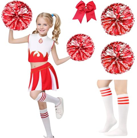 Celvibe Cheerleader Kostüm Mädchen, Cheerleadering Outfit Uniform mit Pompoms, Cheer Outfit für Kinder Karneval Halloween,Fasching,Mottoparty (Rot, 120)