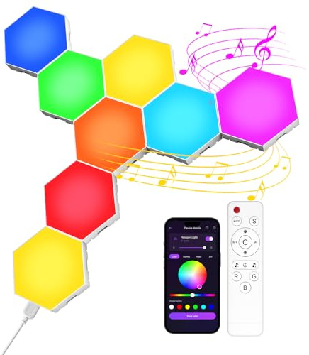 Lámparas de pared Hexagonales LED RGB 8pcs para videojuegos, sincronización musical y control a través de aplicaciones, adecuadas para salas de juegos, salones, dormitorios y decoraciones de fiesta