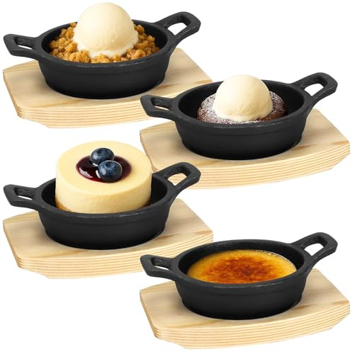 4 Pack Mini Cast Iron Skillets, 10cm Small Sizzler Pans with Wooden Bases | Round Cast Iron Sizzler Pans, Double Handles, Small Skillet Pans for Tapas, Starters, Desserts, BBQ and Baking