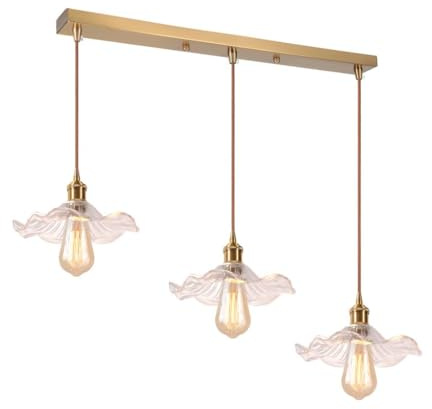 LIGINOK 3 lámpara colgante de cristal interior moderno transparente flores E27 suspensión luminarias vintage latón dorado lámpara ajustable en altura para sala dormitorio cocina