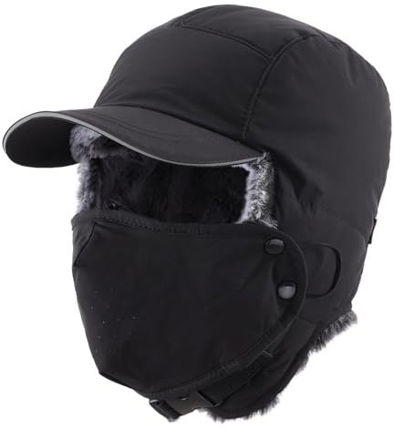 Decentron Warm Faux Fur Trapper Hat for Men Women Ushanka Trooper Hats Waterproof Winter Ear Flap Hat with Mask Black