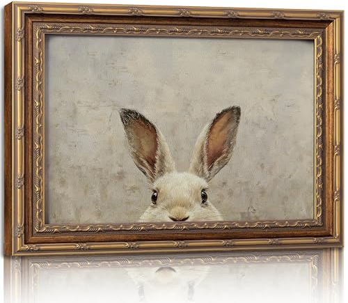 Vintage Gold Framed Wall Art Bunny canvas wall decor Easter Bunny Painting Prints Funny Rabbit Ears Picture Poster Retro Animals Artwork for Easter Decor Kids Room Home Living Bedroom 9x11in