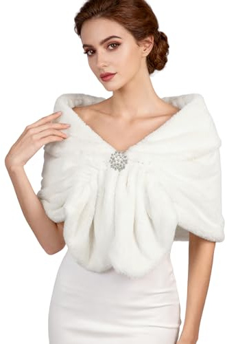 Figarge Kunstfell-Stola für Frauen,Elegante Brautstola mit Brosche für Hochzeit, Abendkleid & Party, Flauschige weiße Abendcape für Braut, Brautjungfern & Cheongsam (Einheitsgröße)