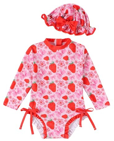 JiAmy Traje de baño de bebé niña con sombrero de sol manga larga protección UV traje de baño para bebé niña traje de baño traje de baño, Rosa fresa., 6-12 meses