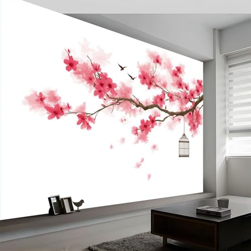 Carta da parati panoramica 3D piante fiori uccelli fiori di prugno, carta da parati murale stile acquerello per soggiorno camera da letto cameretta - Decorazione murale fotografica 350L x 256A cm