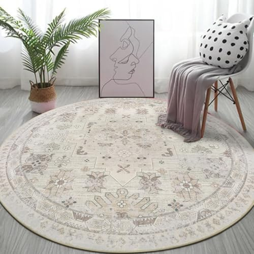 Capslpad Vintage Teppich Rund 135cm, Kurzflor rutschfest Waschbarer Runder Teppiche, Weich Boho Wohnzimmerteppich für Wohnzimmer Schlafzimmer Büro Esszimmer, Beige