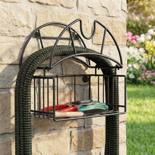Heavy Duty Wall Mount Garden Hose Holder, Metal Hose Hanger with Tool Storage Basket, Black Powder Coated, Hoses up to 150ft, Extension Cords, Vacuum Hoses, Outside Yard, Garage, Patio