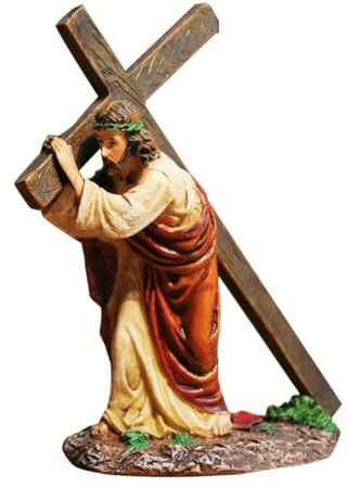 Ornamento della croce di Gesù, statua in resina dipinta a mano di Gesù che porta la croce, decorazione da tavolo religiosa cattolica cristiana per la casa, la chiesa, i regali di Pasqua e di fede