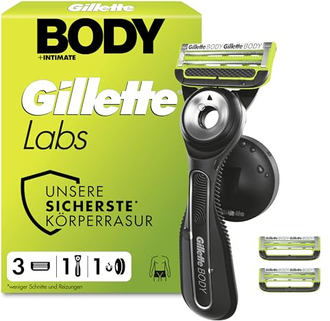 GilletteLabs Body & Intimate Rasierer Herren, Intimrasierer Mann mit Schutz Vor Eingewachsenen Haaren und Reizungen — Inkl. 1 Rasierhandstück für Körper und Intimbereich, Duschhalterung und 3 Klingen