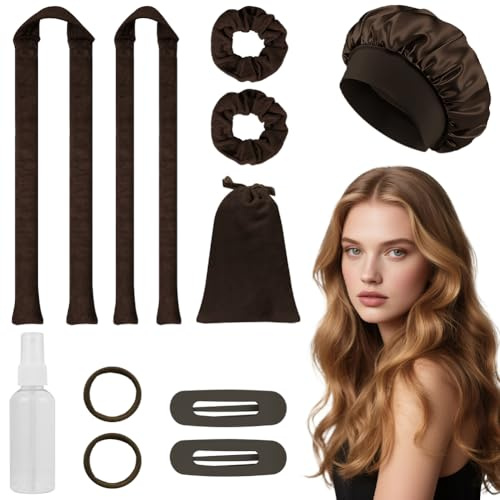 AOOWU Bigodino per Boccoli, 11 Pezzi Bigodini Senza Calore, Bigodini Morbidi per Dormire con Cuffia da Notte, Elastico per Capelli, Fermaglio per Capelli, Flacone Spray, per Tutti Tipi Capell