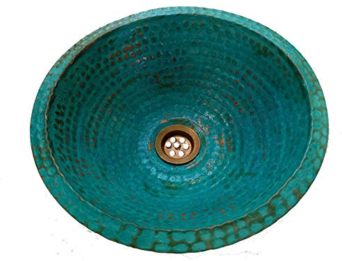 Copper Bathroom Sink Compact Small Size Rustic Antique Green Patina Under Over Mount Vessel Wash Basin Old House Style + Built in Bottom Ring Hand Hammered Washbowl Washbasin