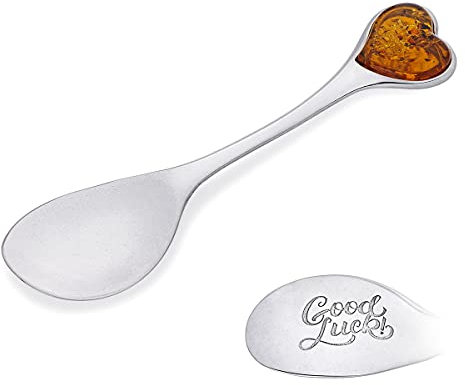 AMBEDORA Good Luck Spoon, Polished Sterling Silver, Silver Spoon with Amber Heart and Lucky Engraving for A Loved One, Gift for Wedding Anniversary, Birthday or Anniversary
