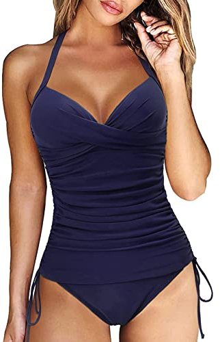 Yutdeng Tankinis Mujer Traje de Baño 2 Piezas Bañador Reductor Vientre Plano Bikini Push Up con Aros con Tanga Tankini Cuello V Correas Laterales Bañadores Deportivos Mujer Natacion,Azul Marino,L