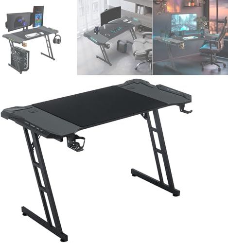 ACXIN Mesa de juegos con LED, 120 x 60 cm, ergonómica, en forma de Z, con gancho para auriculares, soporte para bebidas y aspecto de fibra de carbono, escritorio para videojuegos para PC, portátil y