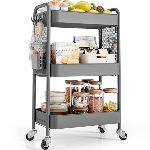 Urackify Allzweck-Aufbewahrungswagen für Verschiedene Anwendungen – 3-stöckiger Metall-Rollwagen mit DIY-Stecktafeln, Körben und Haken für zusätzlichen Stauraum in Küche, Bad, Büro, Klassenzimmer und