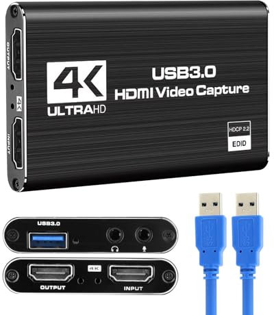 Carte de capture vidéo HDMI 4K - USB 3.0 - Full - HD 1080p 60 fps - Pour enregistrement en continu - PS5, Nintendo Switch, Xbox, caméra, PC, OBS