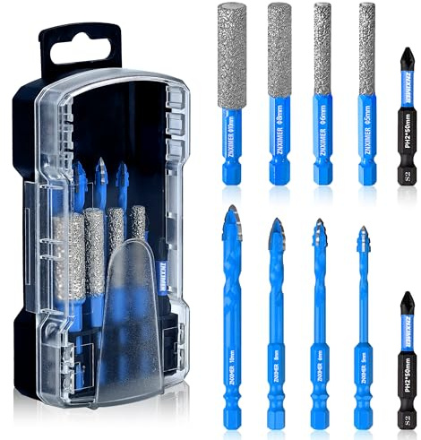 Tile Drill Bits Set for Ceramic, Porcelain, Glass, Marble, Tile, Granite, Stone and More - 10pcs Diamond Drill Bit for Efficient, Precise Drilling and Milling