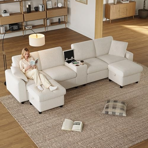 Canapé Convertible 4 Places en U avec USB C et 2 Porte-Gobelets, Canapé d'angle Convertible en Velours Côtelé avec 2 Repose-Pieds de Rangement et 2 Coussins, Canapé 4 Places au Salon Appt, Beige