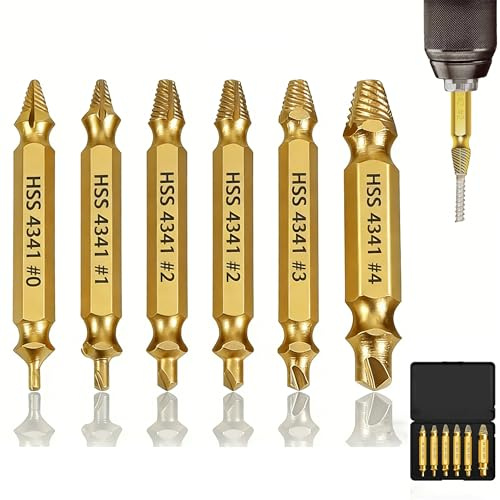 Lot de 6 Extracteurs Vis Endommagées Professionnels Extracteur Gauche pour Vis Endommagées HSS 4341 Outil de Dévissage Tournevis de Vissage Cassée Tournevis à Gauche avec Tige Hexagonale, Double Tête