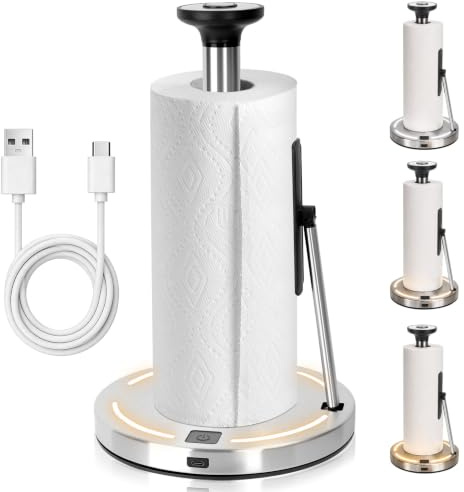 YUET Smart Kitchen Roll Holder Free Standing, Illuminated Paper Towel Holder with Adjustable LED & Heavy-Duty Base, One-Handed Tear Stainless Steel Kitchen Towel Holder for Countertop