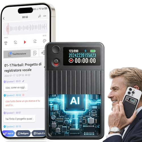 Registratore Vocale AI con Trascrizione e Riassunti AI Avanzati, 1200 Minuti al Mese, Audio HD, con Custodia, per Riunioni di Lavoro, Lezioni e Chiamate, Regalo per Professionisti e Studenti
