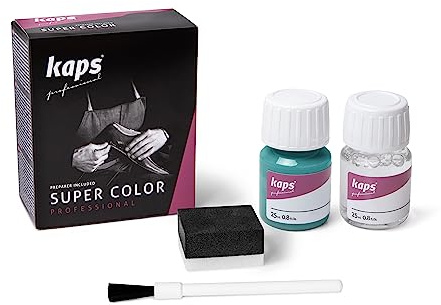 Kaps Professional Lederfarbe Super Color + Preparer für Naturleder, Synthetik und Textil (je 25 ml) zur Pflege und Reparatur von Lederschuhen in Verschiedenen Farben (165 - Türkis)