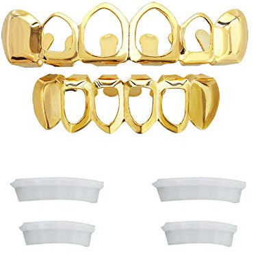 Open Face Grillz Teeth 24k Gold Grillz Plated Caps New Custom Fit Top & Bottom Grill Set for Kids + Extra Molding Bars + Microfiber Cloth