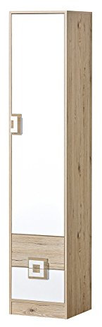 Regal Nicola NA05 Griffe Farbauswahl, Eleganter Drehtürenschrank mit Schubladen, Schrank für Jugendzimmer (Eiche Hell/Weiß + Eiche Hell)