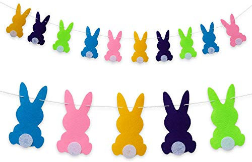Oblique Unique® Guirlande de lapins de Pâques - Bannière - 2 m - En feutre jaune turquoise rose vert violet - Pour Pâques, enfants, anniversaire, fête