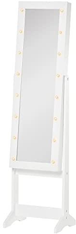 HOMCOM Espejo Joyero con Luces LED, Armario para Joyas, Armario Joyero de Pie con Espejo Entero, Ángulo Ajustable, con Estantes, Ranuras para Anillos, Blanco Cálido