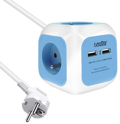 EXTRASTAR Multiprise USB Cube, Bloc Multiprises avec 4 Prises et 2 Ports USB, Chargeur USB Multiple, Multiprise Electrique pour Bureau, Maison, Peut être installé au Mur, sur la Table, 1,5 m, Bleu