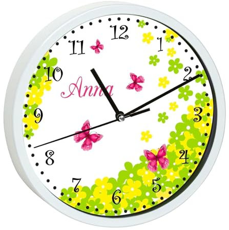 CreaDesign, Wanduhr für Kinderzimmer Schmetterling Blume, Kinderuhr weiß mit Quarz Uhrwerk, personalisiert mit Name, Durchmesser 19,5 cm
