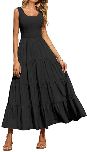 PRETTYGARDEN Women's Casual Loose Plain Maxi Sundress Smocked Tank Dress Sleeveless Spring Beach Tiered Long Dresses (Black,Large)