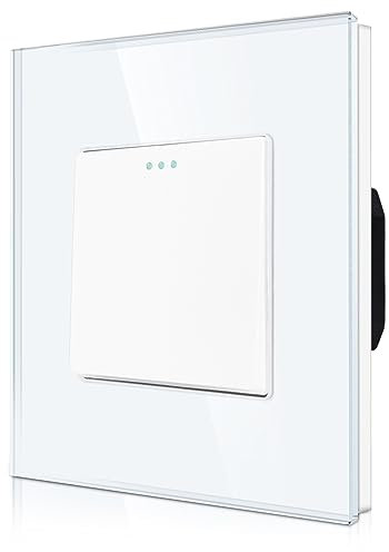 CNBINGO Rocker Button Light Switch 1 Gang 1 Way Glass Light Switch, Modern Tempered Glass Wall Panel with Phosphor Dots, White