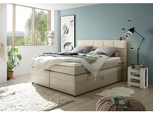 Lomadox Boxpsringbett 180x200 cm mit Bettkasten | Doppelbett in Sand mit Härtegrad H2