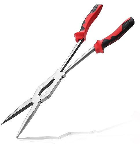 LEONTOOL 13 Extra Long Needle Nose Pliers, Straight Dual Material Long Reach Pliers with Serrated Jaw, Double-Joint Long Nose Pliers Extended Reach Needle Nose Pliers for Hard to Reach Narrow Spaces