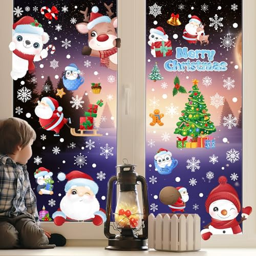 YIHELU fensterbilder weihnachten, 192 PCS Selbstklebend Fensterbilder Schneeflocke Rentier Weihnachtsmann Doppelseitige Wiederverwendbare PVC Aufkleber für Winter Fenster Weihnachten Dekoration