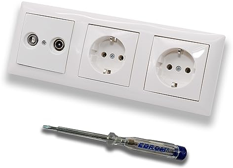 Busch Jäger SET: 2-Loch Durchgangsdose, Frequenz 5-2400 MHz, Radio/TV/SAT-Kompatibilität inkl. BalanceSi alpinweiß 3fach Rahmen + 2 x Steckdose 20EUC-914 + EBROM Phasenprüfer zur Montage der Geräte
