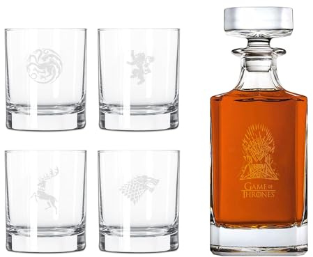 Game of Thrones Whiskyset med 4 whiskyglas och whiskyflaskor med gravyr – i högkvalitativ presentförpackning