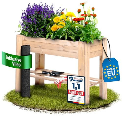 SCHWANFELD® 80 x 34 x 70 cm bancal de madera [protección contra plagas] – Incluye práctico vellón – bancal elevado para jardín FSC® – bancal alto con estante (resistente a la intemperie y duradero)