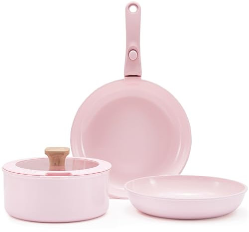 Hausfrau Ensemble de casseroles et poêles roses avec poignée amovible antiadhésive, poignée amovible en céramique, passe au four, au lave-vaisselle, pas de PFAS pas de PTFE