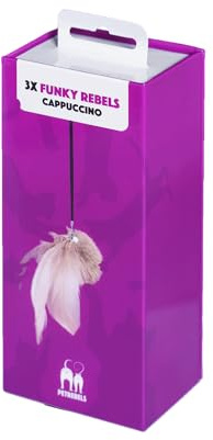 Petrebels Kratzbaum Spielzeug für Katzen, 3 Stück in Geschenkbox, Spielball mit Feder zur Montage am Kratzbaum, Funky Rebels Federbälle, Farbe Cappuccino