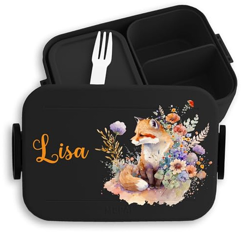 Kinder Bento Box Midi Lunchbox für Mepal Bentobox - Süßer Fuchs Brotdose Süße Füchsin Jausenbox Füchse I - 900 ml - Schwarz - name personalisierte fuchsmotiv fox snackbox junge personalierte